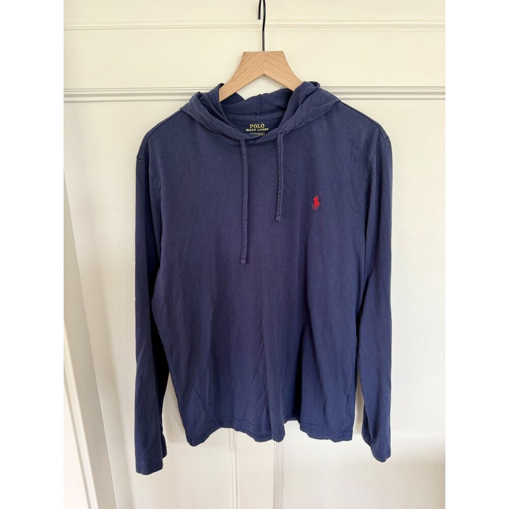 Polo Ralph Lauren Mens Navy Lightweight Jersey Hoodie Red Pony Pullover Large